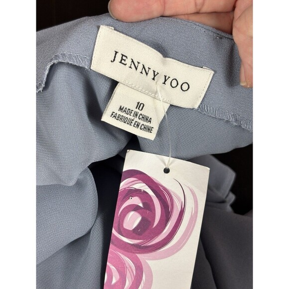 Jenny Yoo Bridesmaid Dress Maxi Pebbled Crepe Chambray Blue Grey 10 Sheer - Picture 3 of 10